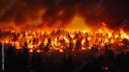 Intense wildfires engulf forest during a dry summer evening in a remote location