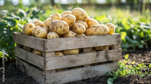 Freshly harvested potatoes collected in wooden crate in bright daylight at a thriving farm setting