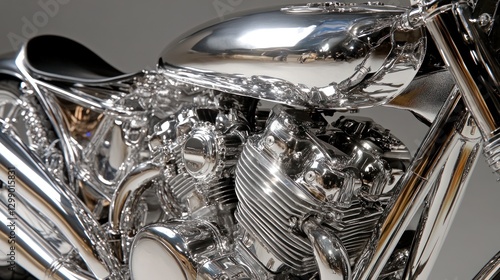 Polished chrome motorcycle engine detail against a neutral backdrop photo