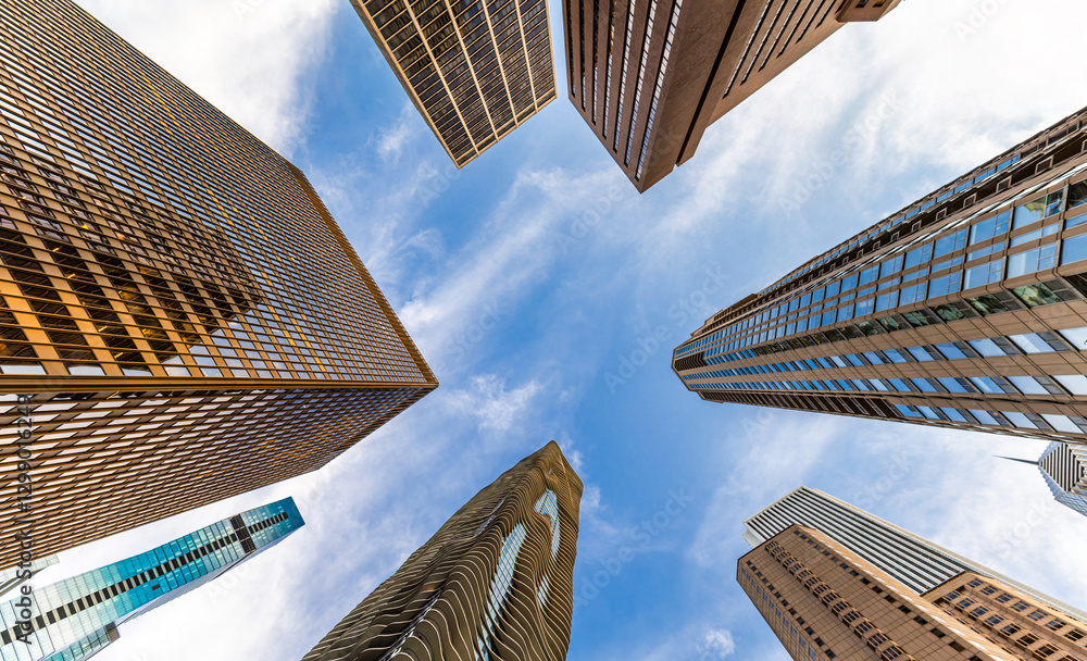 Upwards view of Chicago skyscrapers. Chicago is the most populous city in the U.S. state of Illinois and in the Midwestern United States.