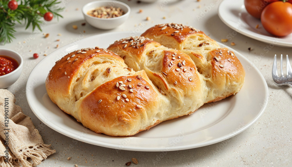 Challah bread with sesame seeds on dining plate, Rosh Hashanah celebration Challah bread with sesame seeds on dining plate, Rosh Hashanah celebration