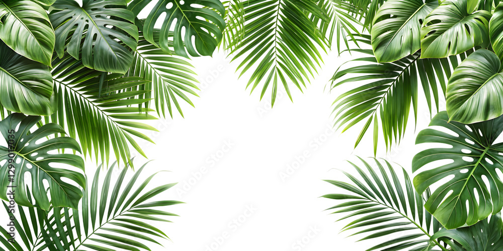 Tropical Paradise Frame: A vibrant collection of lush green tropical leaves forms an inviting frame, creating a fresh and exotic backdrop. Tropical Paradise Frame: A vibrant collection of lush green tropical leaves forms an inviting frame, creating a fresh and exotic backdrop.