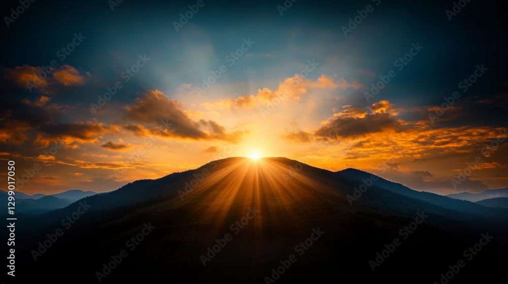 Breathtaking Sunrise Over Majestic Mountains with Rays of Light and Vibrant Clouds in the Sky Breathtaking Sunrise Over Majestic Mountains with Rays of Light and Vibrant Clouds in the Sky