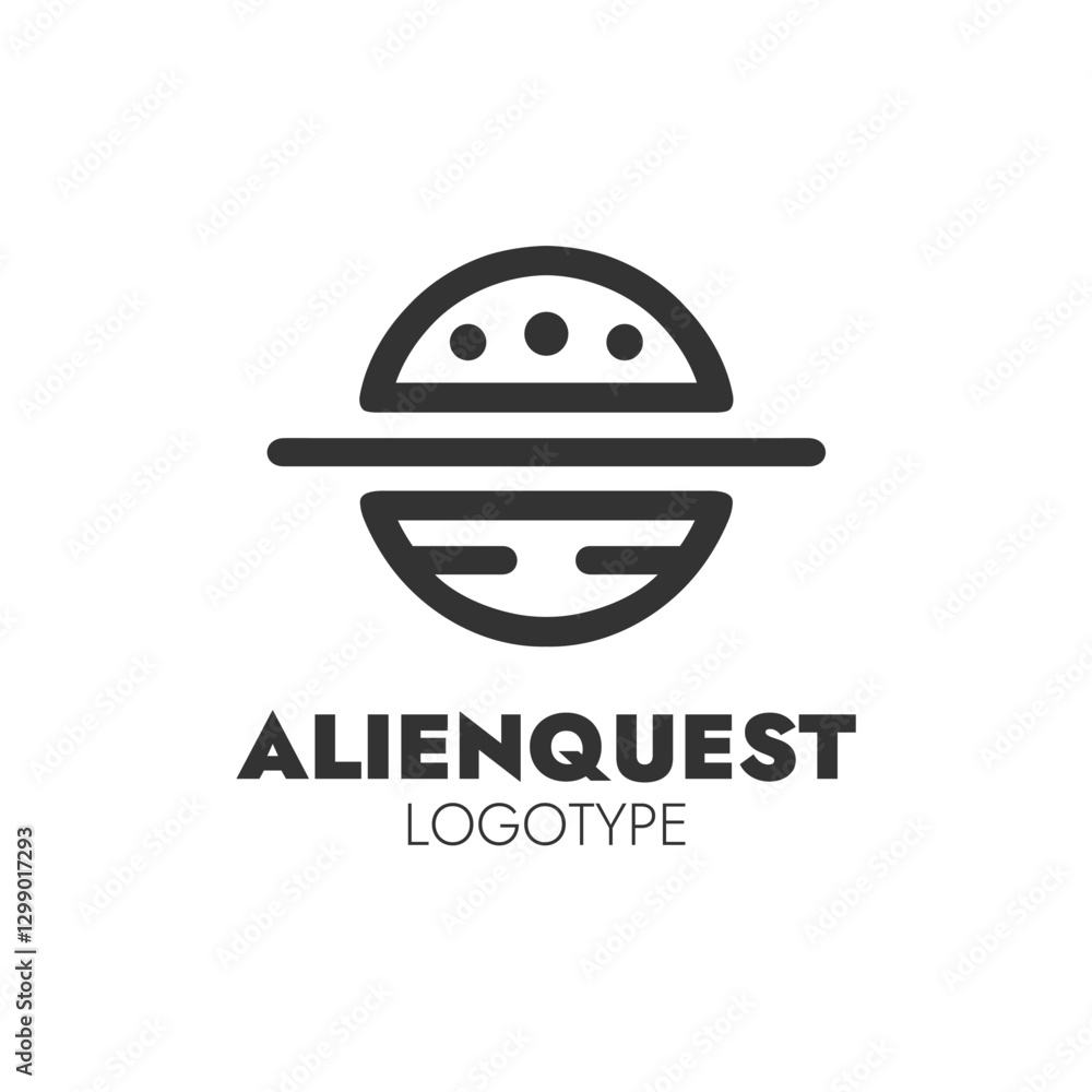 Obraz premium AlienQuest logotype featuring a minimalist black and white UFO design with text below