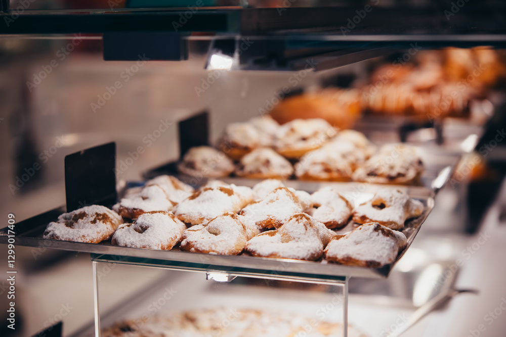 Different kinds of fresh pastry, and buns on sale at a bakery or a cafe.