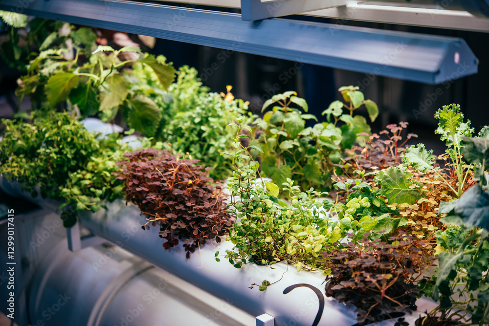 A vertical farm with microgreens growing under LED lights.