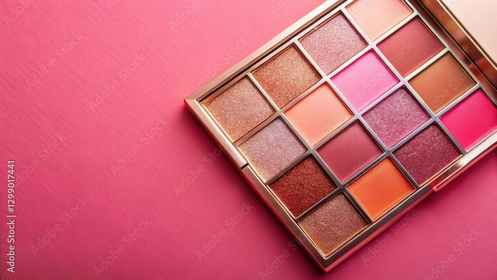 A Close-Up of a Luxurious Eyeshadow Palette Featuring a Range of Shimmering and Matte Shades in Warm Pink and Peach Tones on a Vibrant Pink Background A Close-Up of a Luxurious Eyeshadow Palette Featuring a Range of Shimmering and Matte Shades in Warm Pink and Peach Tones on a Vibrant Pink Background