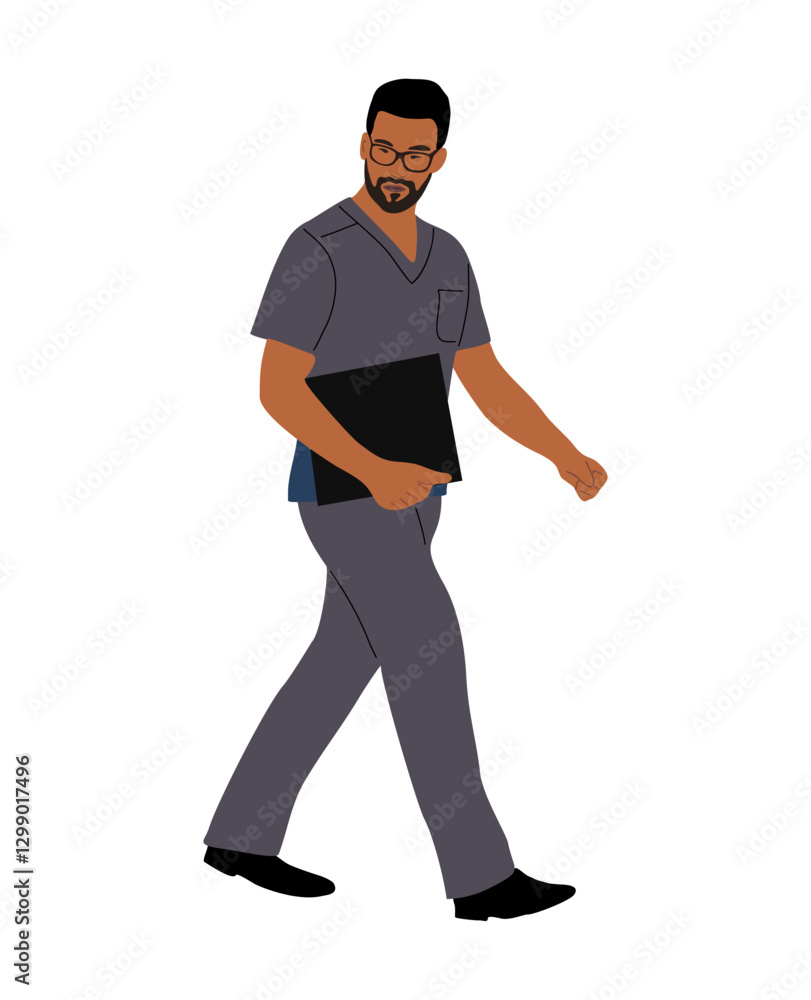 Medical worker, doctor, surgeon, cardiologist, paramedic walking, holding medical documents. Handsome man wearing uniform scrub. Vector realistic illustration isolated Medical worker, doctor, surgeon, cardiologist, paramedic walking, holding medical documents. Handsome man wearing uniform scrub. Vector realistic illustration isolated