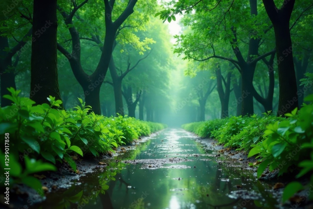 Rain-soaked canvas, lush green canopy visible through flap, travel, mist, roots Rain-soaked canvas, lush green canopy visible through flap, travel, mist, roots