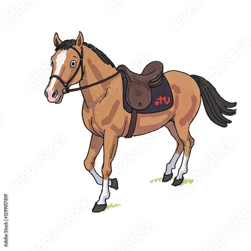 Friendly cartoon horse with saddle and cheerful expression on grass