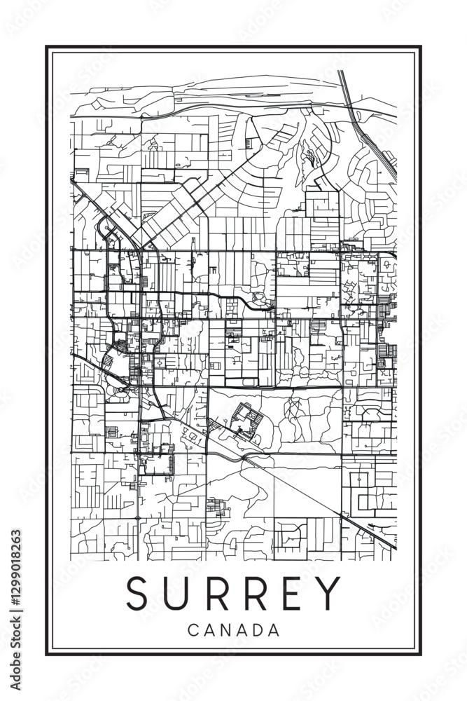 Naklejka premium Printable downtown road map poster of the Canadian city of SURREY on solid white background with city name