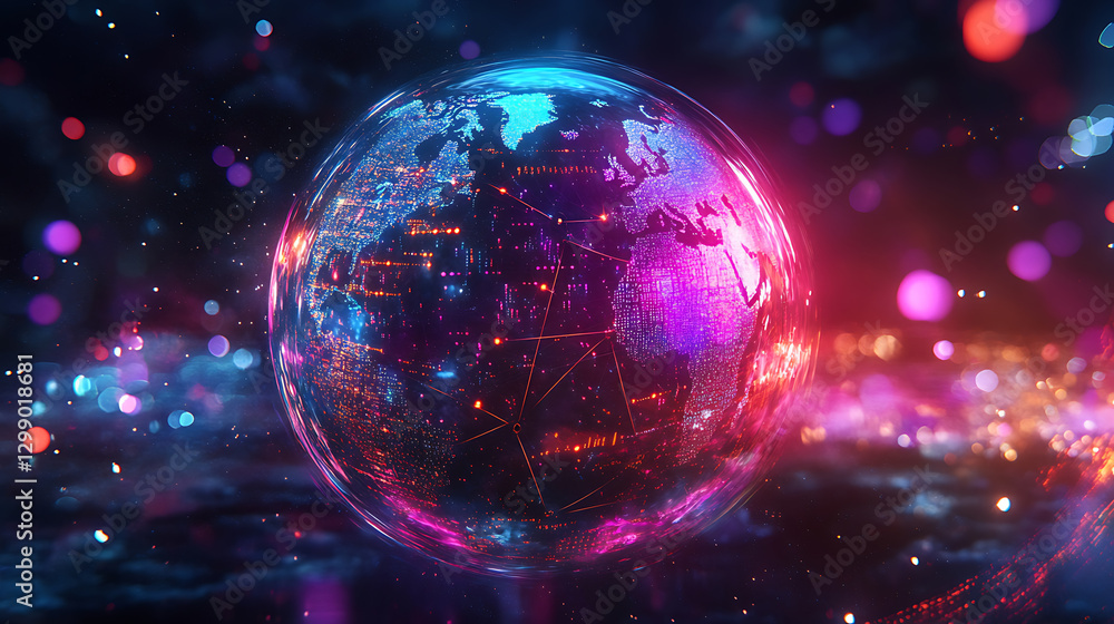 Neon Global Network Futuristic Earth Design with Vivid Colors Neon Global Network Futuristic Earth Design with Vivid Colors