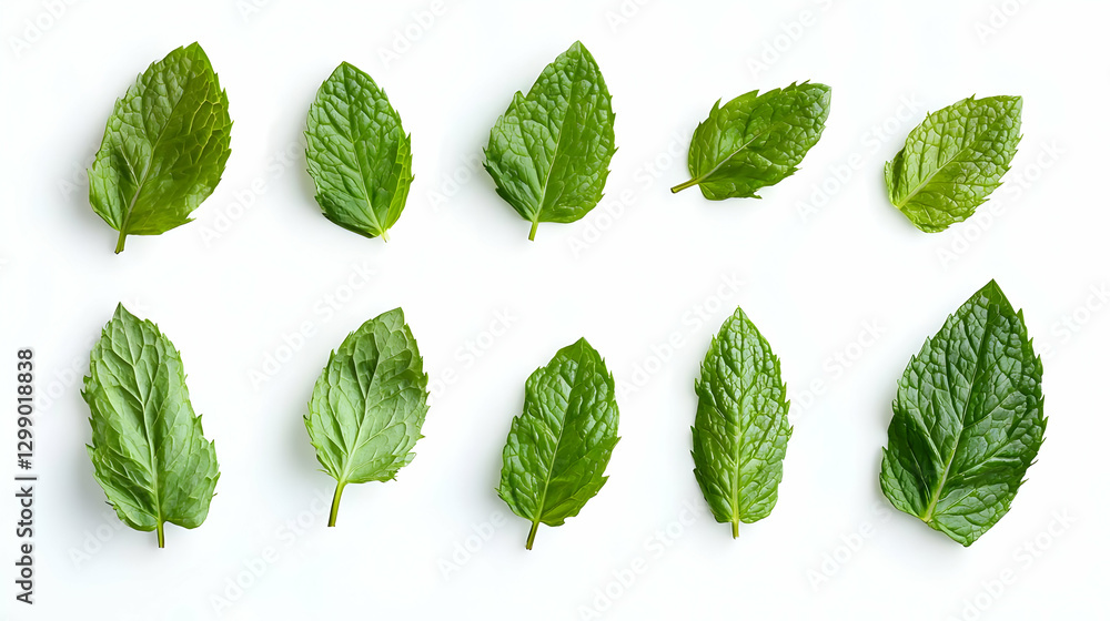 Green Mint Leaves Scattered on a Clean White Surface with Detailed Texture and Fresh Appearance Green Mint Leaves Scattered on a Clean White Surface with Detailed Texture and Fresh Appearance