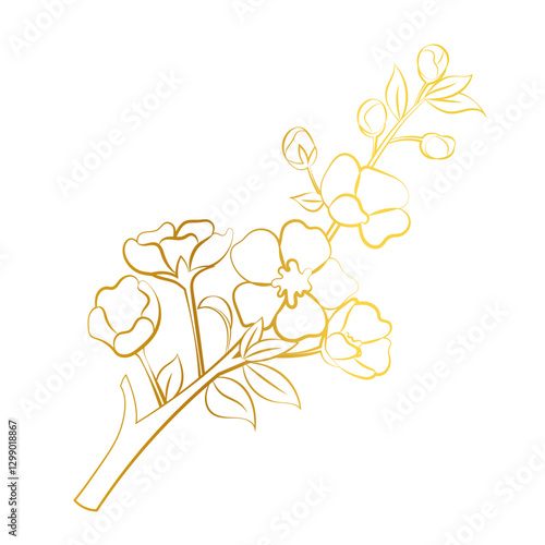 Cherry tree branch. Sakura in gold gradient. Line illustration of spring flowers and trees on white background.