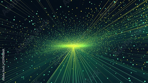 A vector illustration of a fast-paced technology concept, flat colors with a gradient from black to neon green. Dots and lines create a dynamic, perspective-based web, with the vanishing point