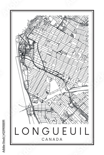 Printable downtown road map poster of the Canadian city of LONGUEUIL on solid white background with city name