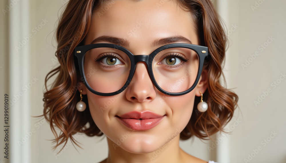 Fototapeta premium Confident woman smiling with stylish glasses, fashion inspiration
