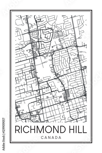 Printable downtown road map poster of the Canadian city of RICHMOND HILL on solid white background with city name