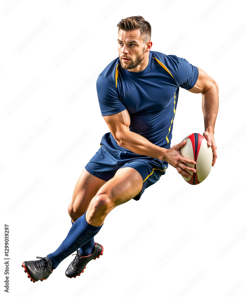 Focused rugby athlete in blue jersey pushing forward with strength