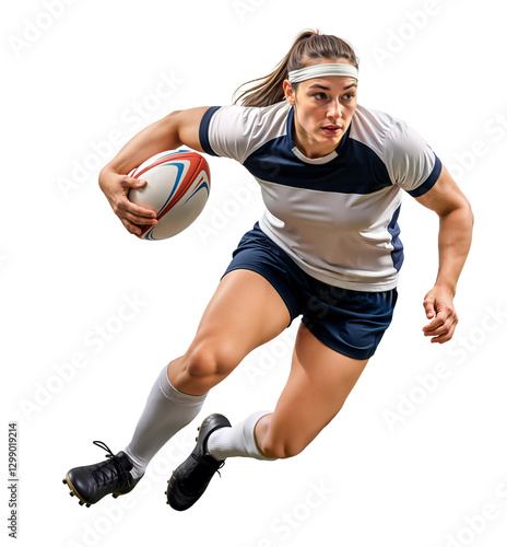 Obraz na płótnie Muscular female rugby player charging ahead with power on isolated background w salonie