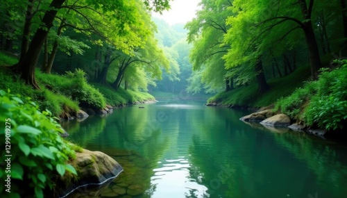 Lush greenery surrounds the river's gentle flow, lush, river
