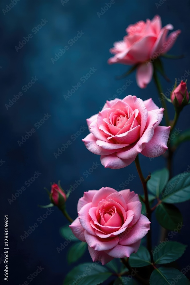 Fototapeta premium Pink rose blooms on a dark blue velvet-like background, blossoms, garden