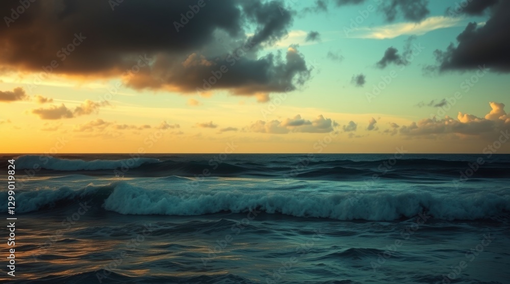 Fototapeta premium Ocean Waves at Sunset with Dramatic Sky and Cloud Formations