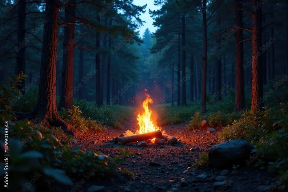 A forest clearing illuminated by the glow of a campfire, camping, atmosphere, campfire A forest clearing illuminated by the glow of a campfire, camping, atmosphere, campfire