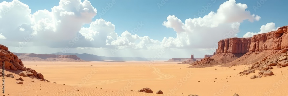 Desert sand and rock under a blanket of white clouds, vast, grey Desert sand and rock under a blanket of white clouds, vast, grey
