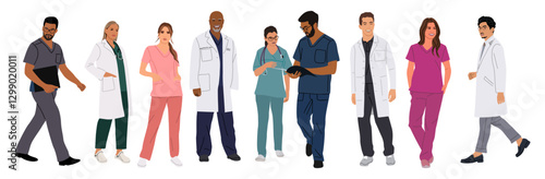 Set of standing and walking doctors, nurses, paramedics. Different male and female medic workers in uniform scrubs, lab coat, gown. Cartoon vector realistic illustration isolated 