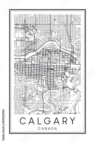 Printable downtown road map poster of the Canadian city of CALGARY on solid white background with city name