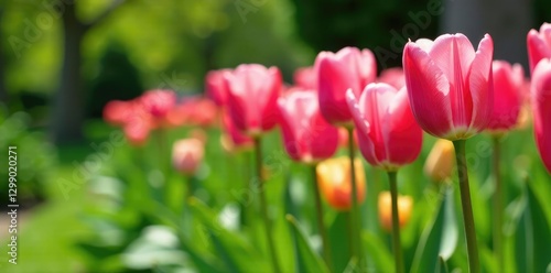 Pink tulips in a garden with greenery and flowers, gardening, blooming, tulip
