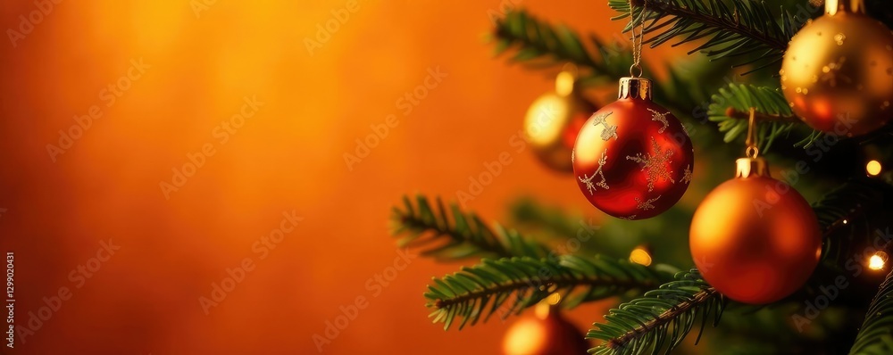 Fototapeta premium Golden ornaments on a bright orange Christmas tree, Christmas Tree, Sparkly