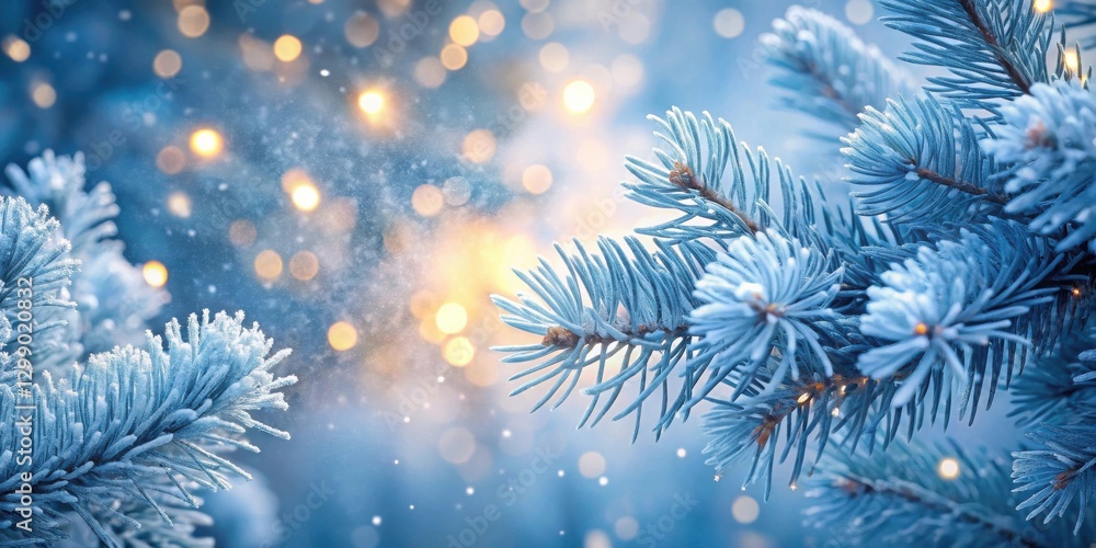 Frozen Evergreen Branches with Sparkling Lights in a Winter Wonderland Frozen Evergreen Branches with Sparkling Lights in a Winter Wonderland