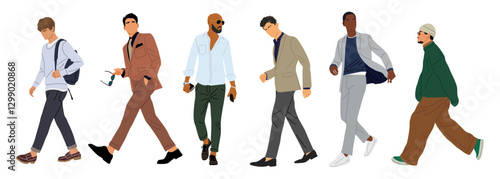 Set of different businessmen walking side and front view. Stylish men wearing formal and smart casual office outfit. Business fashion look. Cartoon characters vector realistic illustration isolated.