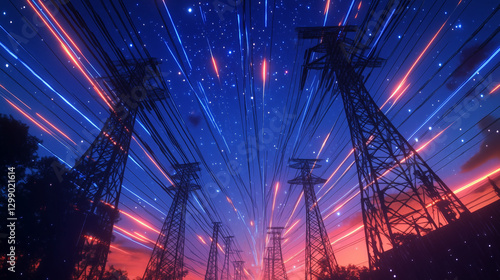 Render Of Power Transmission Lines with 3D Digital Visualization of Electricity. Fantastic Visuals of Night Sky Full of Bright Stars. Concept of Renewable Green Energy Powering Human Progress
