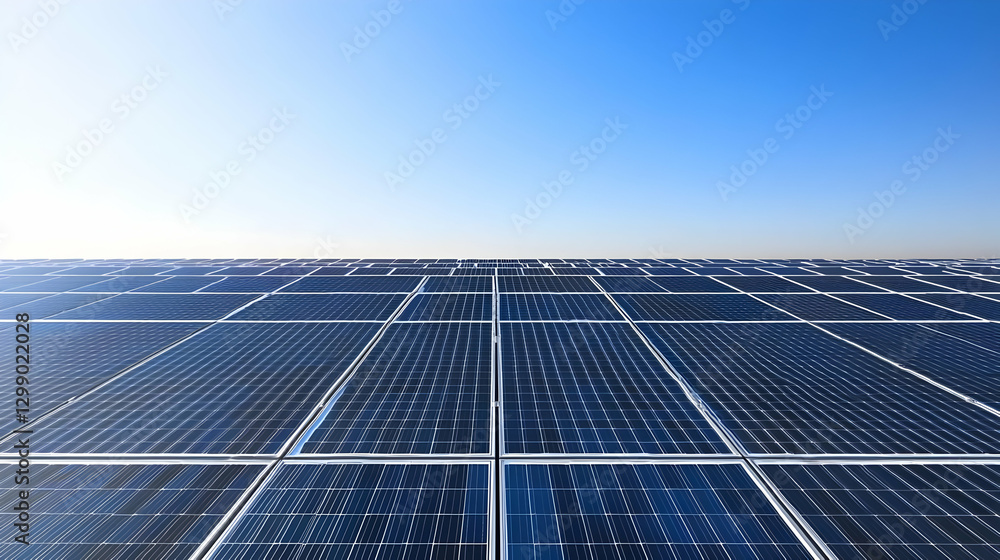 Solar Panel Array Under Clear Blue Sky Reflecting Modern Energy Technology Solar Panel Array Under Clear Blue Sky Reflecting Modern Energy Technology