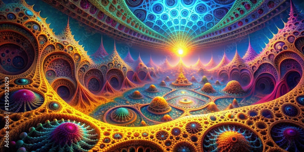 A Vibrant, Psychedelic Dreamscape of Intricate Organic Structures and Geometric Patterns Under a Radiant Celestial Glow A Vibrant, Psychedelic Dreamscape of Intricate Organic Structures and Geometric Patterns Under a Radiant Celestial Glow
