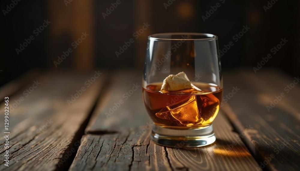 Single malt scotch on a rustic wooden surface, amber, earthy, dark Single malt scotch on a rustic wooden surface, amber, earthy, dark