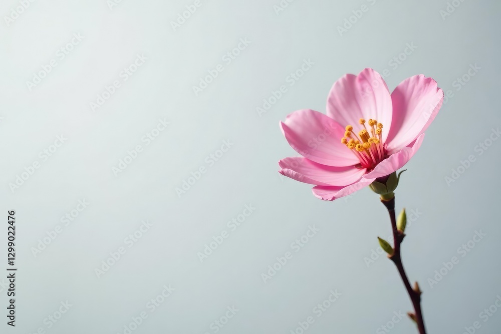 single pink blossom against light gray backdrop with blank area, solitary, blooming flower, gentle