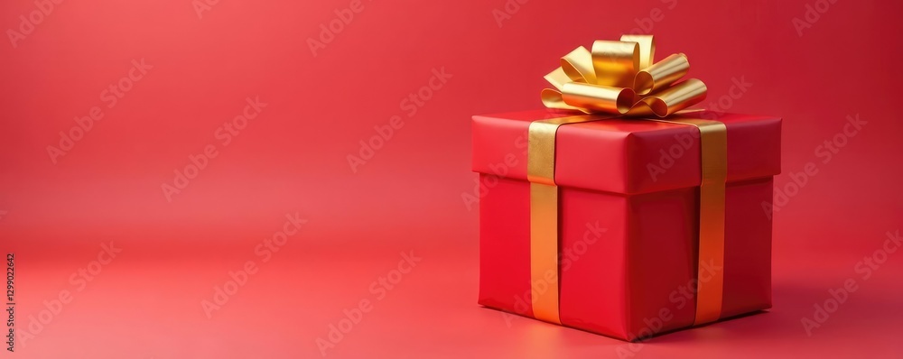 Obraz premium Tall cylindrical gift box wrapped in red paper with a golden bow on top, wrap, present, present box