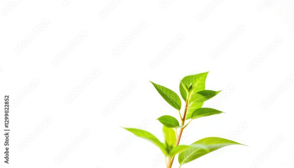 Fototapeta premium Single vibrant green plant, isolated on pure white background, close-up, ecology