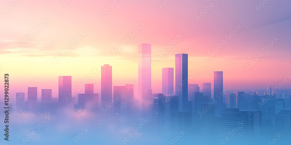 Fototapeta premium A minimalist cityscape background with pastel blue and pink buildings, a gradient sky.