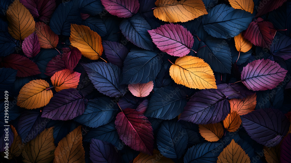 Overlapping Autumnal Leaves Patterned Background in Red Purple Blue and Orange Tones Overlapping Autumnal Leaves Patterned Background in Red Purple Blue and Orange Tones