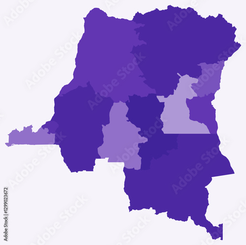 Map of Democratic Republic of the Congo with regions. Just a simple country border map with region division. Deep purple color palette.