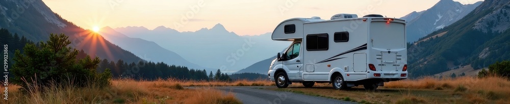 RV parked in scenic campsite, mountains in background, snow, winter RV parked in scenic campsite, mountains in background, snow, winter
