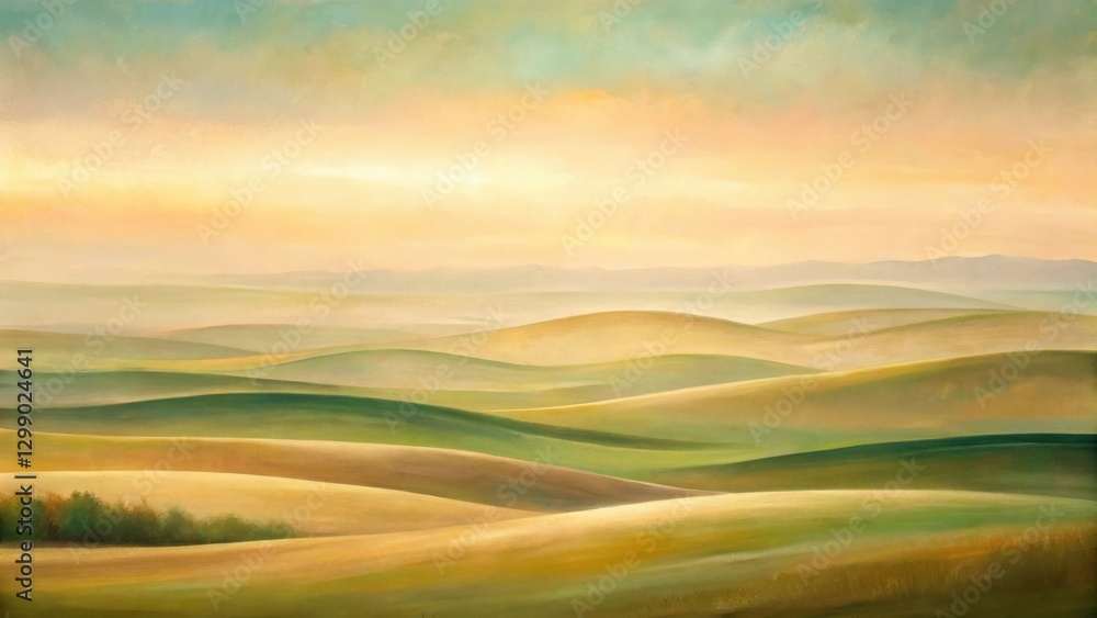 Serene Rolling Hills at Golden Hour A Peaceful Landscape Painting of Undulating Fields and Soft Skies Serene Rolling Hills at Golden Hour A Peaceful Landscape Painting of Undulating Fields and Soft Skies