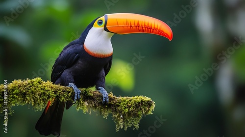 Striking Toco Toucan perched on a moss covered branch in the rainforest its enormous orange beak glowing vibrantly against the lush green backdrop