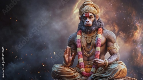 Lord hanuman ji on parvat stand virat panchmukhi hamuman ji glaxy background