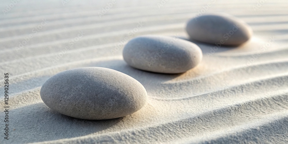 Serene stones arranged in a calming pattern on softly textured sand, representing tranquility and balance Serene stones arranged in a calming pattern on softly textured sand, representing tranquility and balance